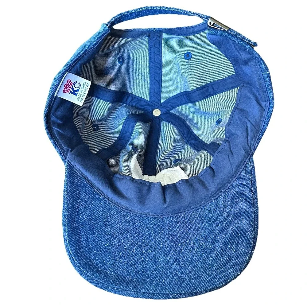 Vintage Caterpillar CAT Logo Blue Denim Strap back Hat USA Patch Trucker